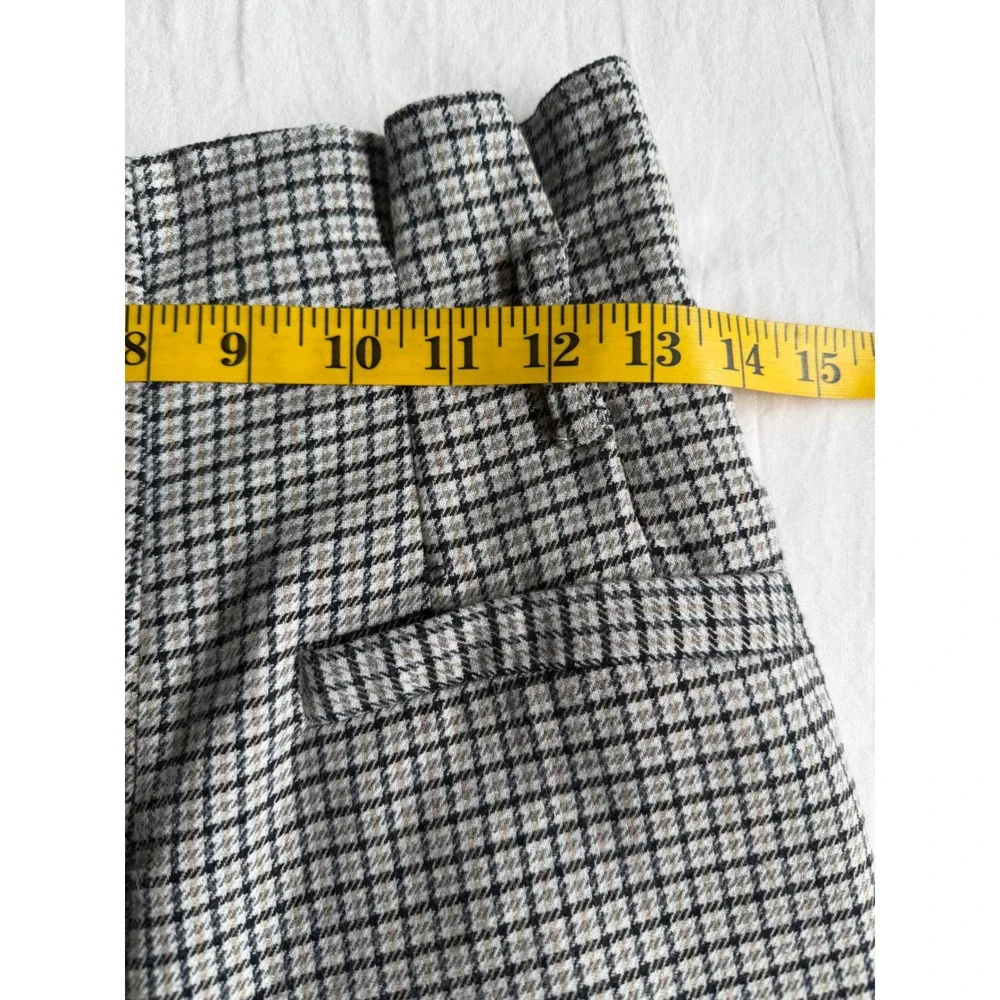 Zara Houndstooth High Waisted Pleated Trousers Black Tan Linen Blend Small 26